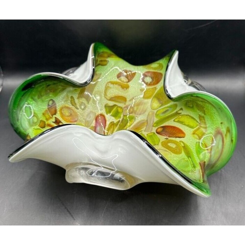Murano AVEM Tutti Frutti Art Glass Bowl Ca 1950s 8 x 3.5 inches Green Bronze